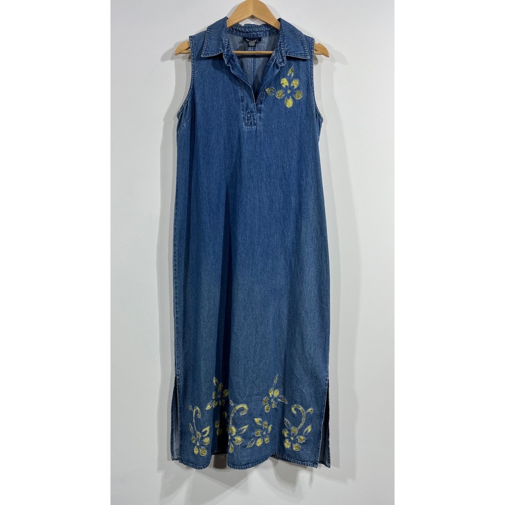 Denim & Co VTG 90s Womens Mature Modest Overall Floral Embroidered Maxi Dress